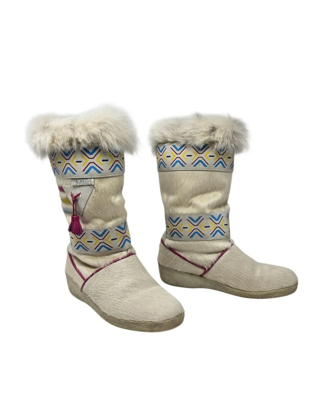 Vintage Tecnica Italy Cream Fur Après Ski Boots US 8.5 Southwestern Tassels